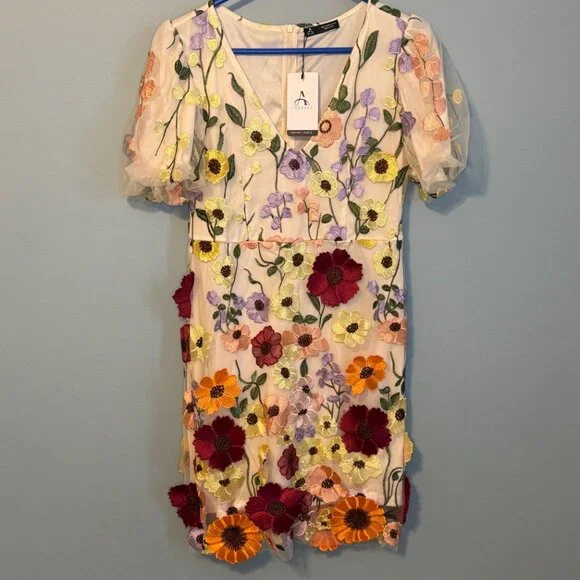 Anewsta Embroidered Floral Applique Mini Dress - Ivory Multi - Size Large - Picture 3 of 10